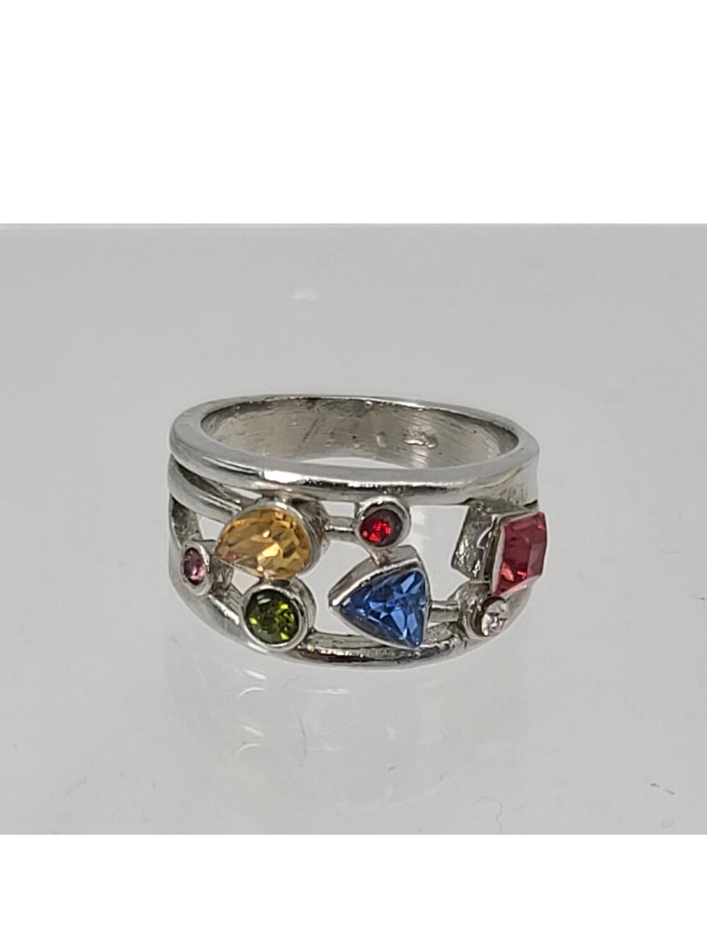 Sterling Silver Band Ring Sz 5.5 Geometric Cutout Design Set Multi-Color Stones